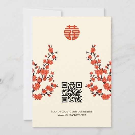 QR-code Red Cherry Blossom | Chinees huwelijk Kaart (Achterkant)