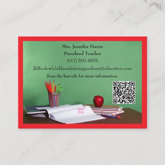 QR Code Red Grade School Preschool Teacher  Visitekaartje (Voorkant)