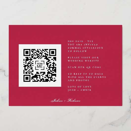 QR-code Red Magenta Stripe foto slaat de datum op Folie Uitnodiging (Achterkant)