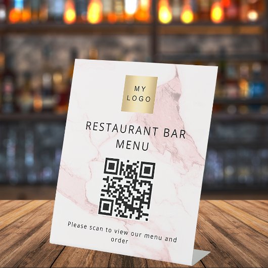 QR-code restaurant café bar scan menu roze marmer Reclamebord Met Voetstuk