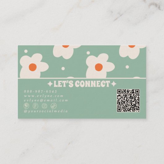 QR Code Retro Green Groovy Floral Boho Unique Fun Visitekaartje (Achterkant)