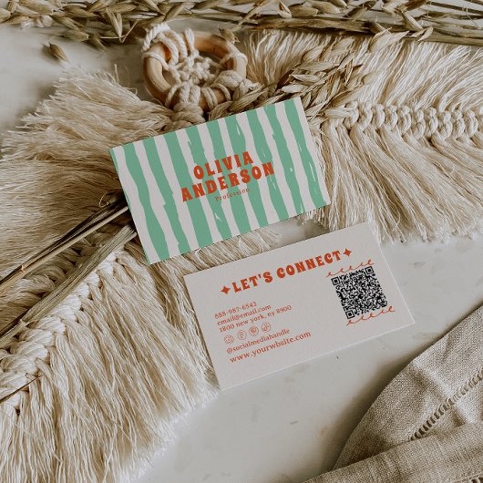 QR Code Retro Groene Boho Groovy Uniek Trendy Fun Visitekaartje
