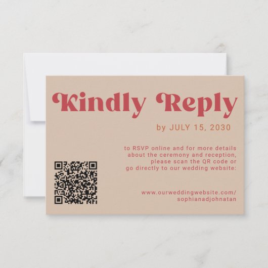 QR code Retro groovy bold red beige online wedding RSVP Kaartje (Voorkant)