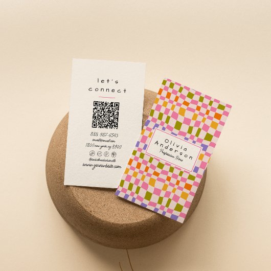 QR Code Retro Kleurrijke Geruit Quirky Girly Fun Visitekaartje