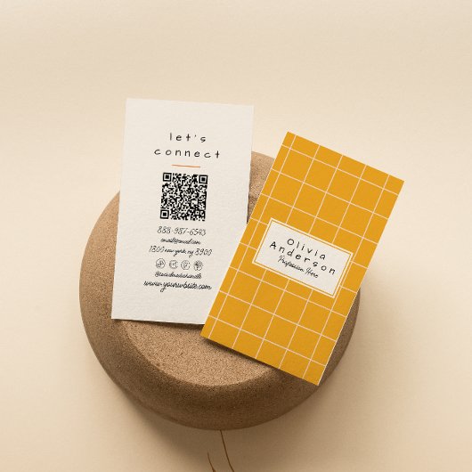 QR Code Retro Orange Checkered  Stripes Trendy  Visitekaartje