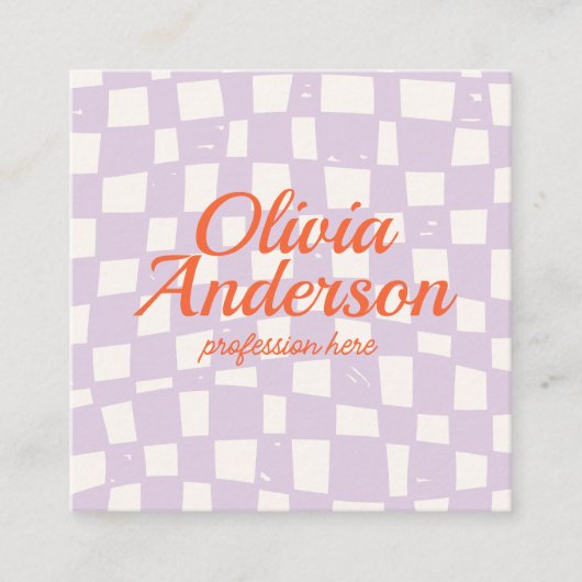 QR Code Retro Paarse Hand getekend Geruite Girly Vierkante Visitekaartje (Voorkant)