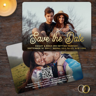 QR Code Retro Script 2 Foto Huwelijk Save the Date Folie Uitnodiging