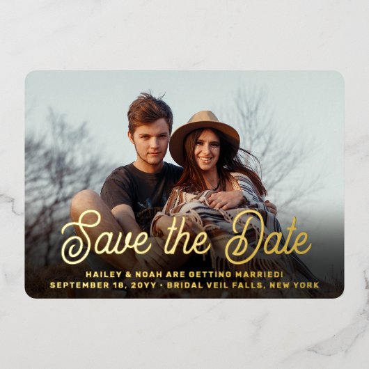 QR Code Retro Script 2 Fotobruiloft Opslaan Datum Folie Uitnodiging (Voorkant)