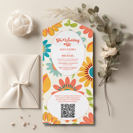 QR Code Retro Typografie Zomer Zon Trouwdag All In One Uitnodiging