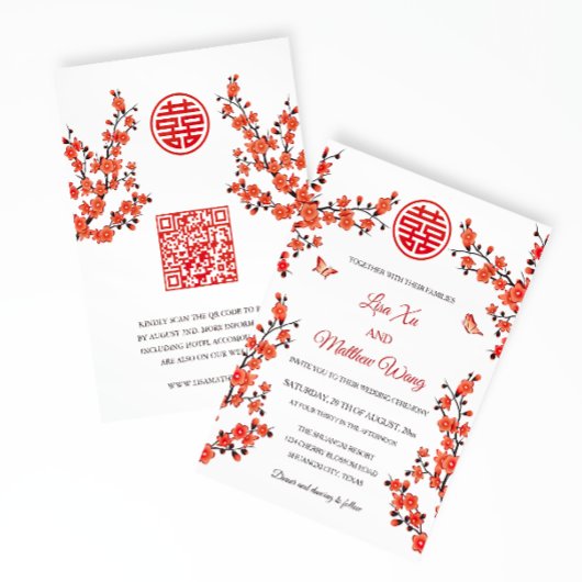 QR-code | Rode Bloesem | Chinese Huwelijk Kaart