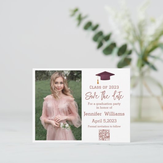 qr code rode foto sparen het datumafstuderen aankondigingskaart (Staand voorkant)
