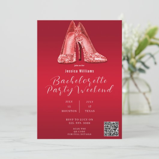 QR CODE Rode Glitter Schoenen Bachelorette Kaart (Staand voorkant)