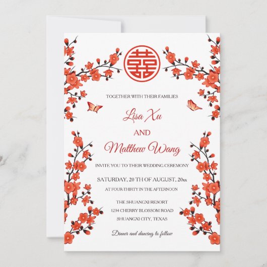 QR-code | rode kersenbloesem | Chinese bruiloft Kaart (Voorkant)