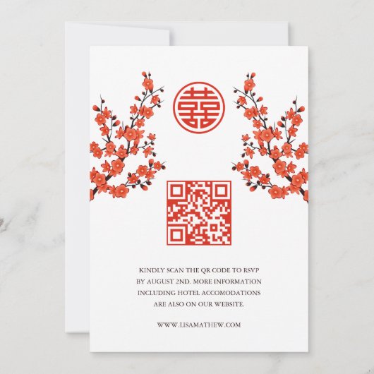 QR-code | rode kersenbloesem | Chinese bruiloft Kaart (Achterkant)