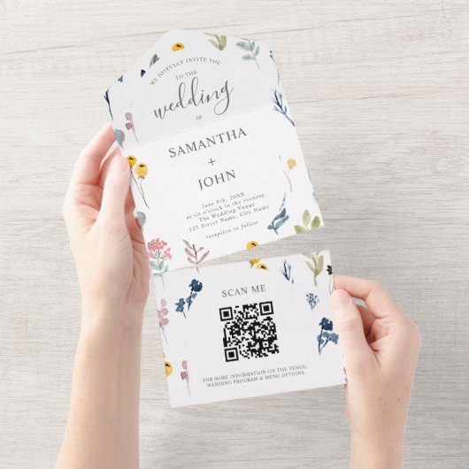 QR-code Romantic Wildflower Typografie Weddenschap All In One Uitnodiging (Afscheurbaar)