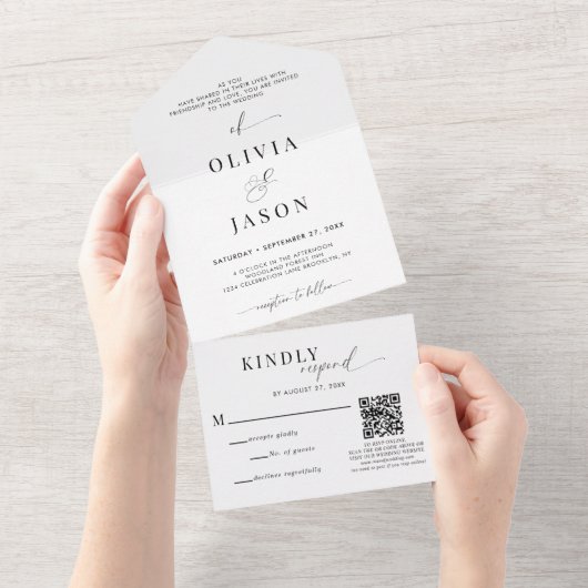QR Code Romantisch Script Zwart Wit Bruiloft RSVP All In One Uitnodiging (Afscheurbaar)