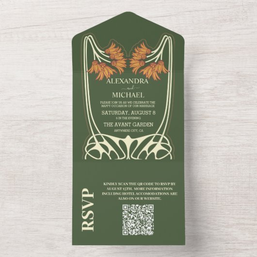 QR Code Romantische Art Nouveau Bruiloft All In One Uitnodiging (Binnen)