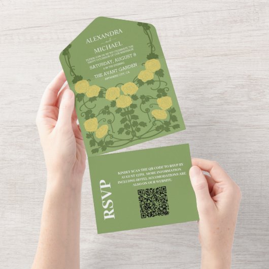 QR Code Romantische Art Nouveau Bruiloft All In One Uitnodiging (Afscheurbaar)