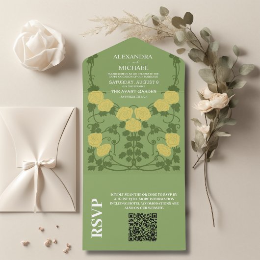 QR-code Romantische Art Nouveau-huwelijk All In One Uitnodiging