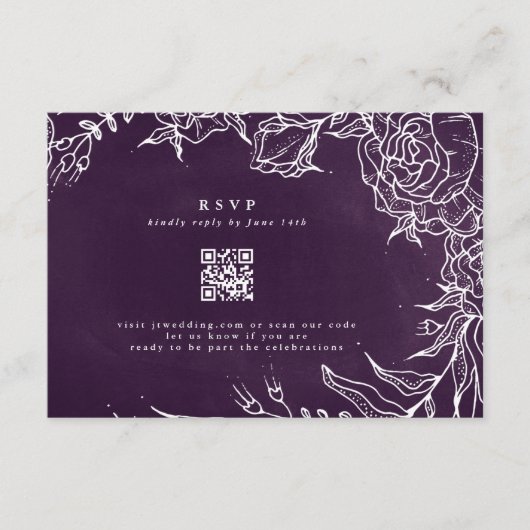 QR Code Romantische Bloemkrans Paarse Bruiloft RSVP Kaartje (Voorkant)