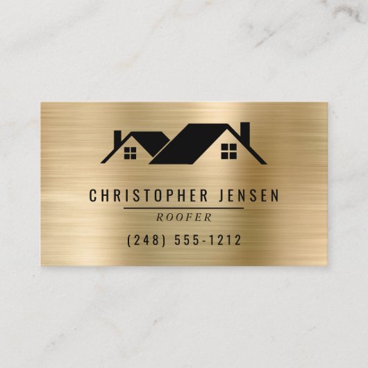 QR Code Roofing Business Black Gold Metallic Visitekaartje (Voorkant)