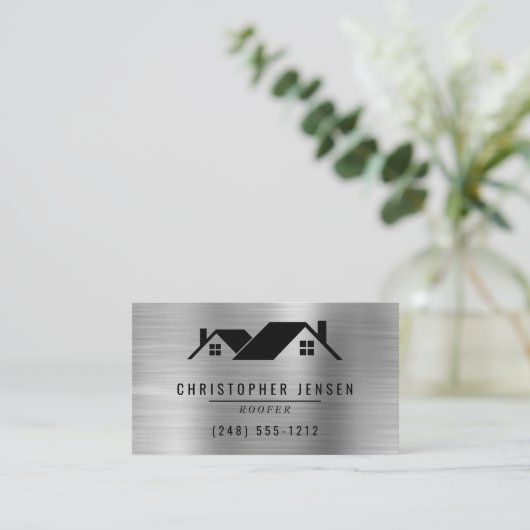QR Code Roofing Business Black Silver Metallic Visitekaartje (Staand voorkant)