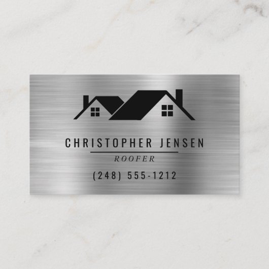 QR Code Roofing Business Black Silver Metallic Visitekaartje (Voorkant)