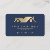 QR Code Roofing Business Navy Blue Gold Rounded Visitekaartje (Voorkant)
