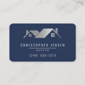 QR Code Roofing Business Navy Blue Silver Rounded Visitekaartje (Voorkant)