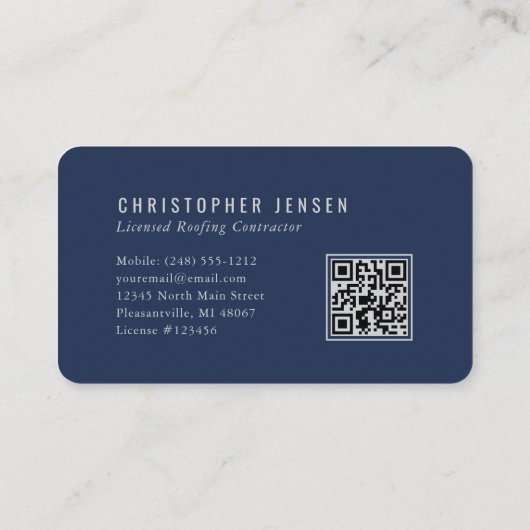 QR Code Roofing Business Navy Blue Silver Rounded Visitekaartje (Achterkant)