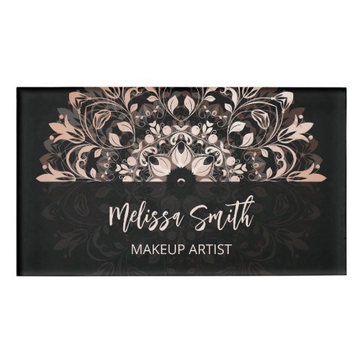 QR-code | Roos Gold Black Floral Mandala Naambadge (Voorkant)