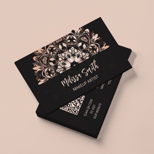 QR-code | Roos Gold Black Floral Mandala Visitekaartje