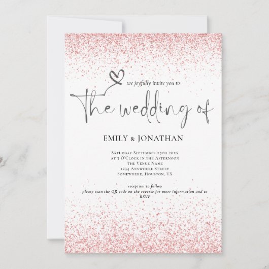 QR Code Roos Goud Glitter Borders Bruiloft Kaart (Voorkant)