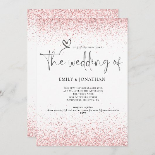 QR Code Roos Goud Glitter Borders Bruiloft Kaart (Voorkant / Achterkant)