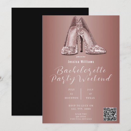 QR CODE Roos Gouden Glitter Schoenen Bachelorette Kaart (Voorkant / Achterkant)