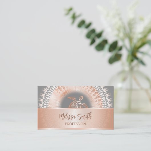 QR-code | Roos gouden Mandala Turtle Visitekaartje (Staand voorkant)