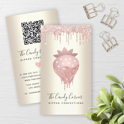 QR-code Roze aardbei Glitter Confection Gold Visitekaartje