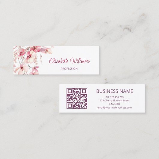 QR Code Roze Boho Bloemen Wit Mini Visitekaartje (Voorkant / Achterkant)