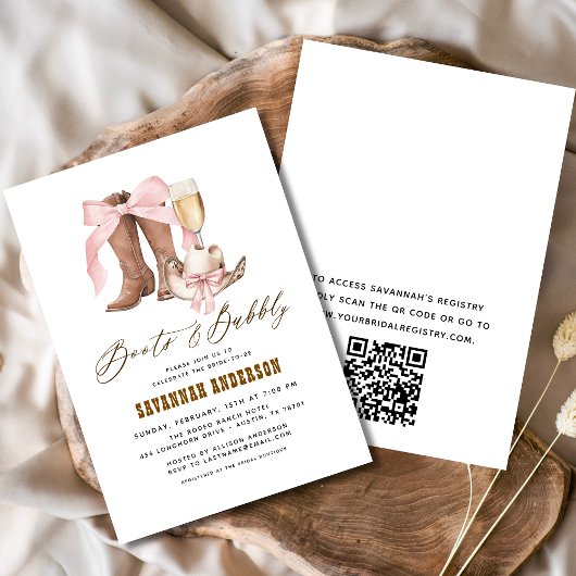 QR Code Roze Bow Boots & Bubbly Vrijgezellenfeest Kaart