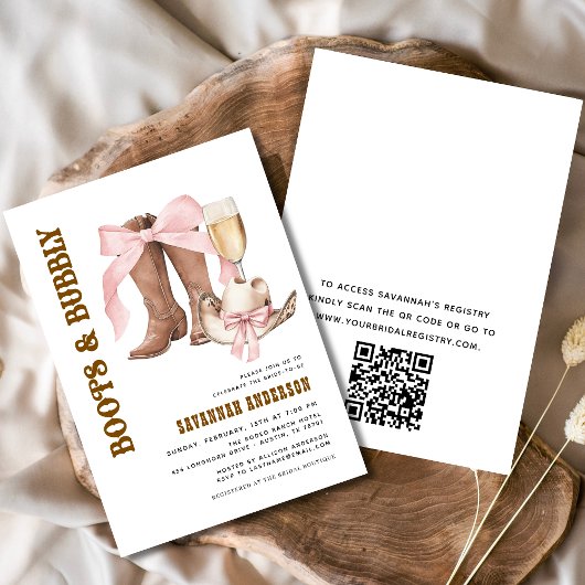 QR Code Roze Bow Boots & Bubbly Vrijgezellenfeest Kaart