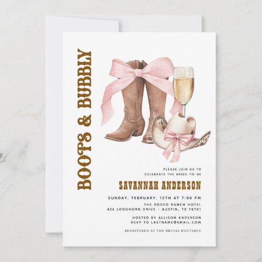 QR Code Roze Bow Boots & Bubbly Vrijgezellenfeest Kaart (Voorkant)
