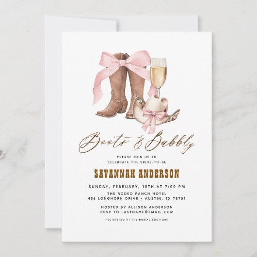 QR Code Roze Bow Boots & Bubbly Vrijgezellenfeest Kaart (Voorkant)