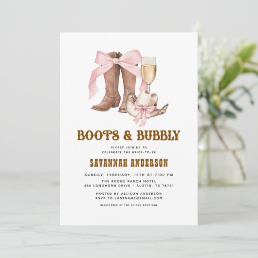 QR Code Roze Bow Boots & Bubbly Vrijgezellenfeest Kaart (Staand voorkant)