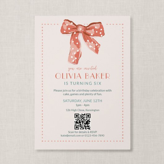 QR Code Roze Coquette Strik Meisjes Verjaardag Kaart