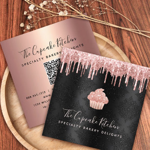 QR-code Roze cupcake Glitter Drivers Bakery Black Vierkante Visitekaartje