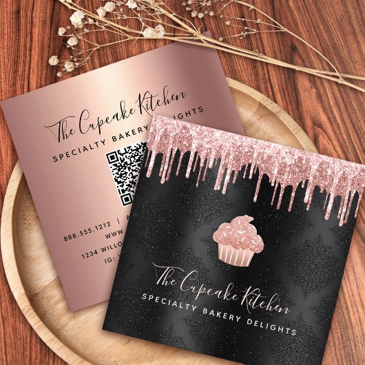 QR-code Roze cupcake Glitter Drivers Bakery Black Vierkante Visitekaartje