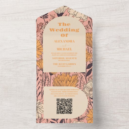 QR Code Roze Geel Sinaasappel Wildflower Bruiloft All In One Uitnodiging (Binnen)
