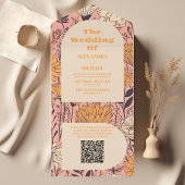 QR Code Roze Geel Sinaasappel Wildflower Bruiloft All In One Uitnodiging