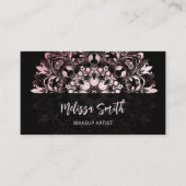 QR-code | Roze Glanzende Zwarte Bloemen Mandala Visitekaartje (Voorkant)