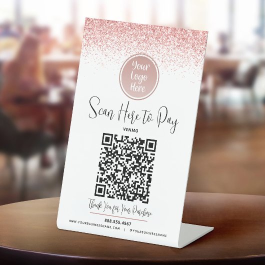 QR Code Roze Glitter Aangepaste Logo betaal hier w Reclamebord Met Voetstuk